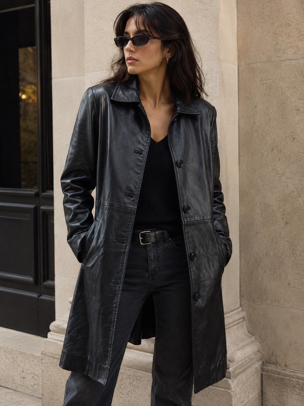 Vintage Y2K Laura Clement Black Soft Lamb Leather Long Line Jacket Size Small